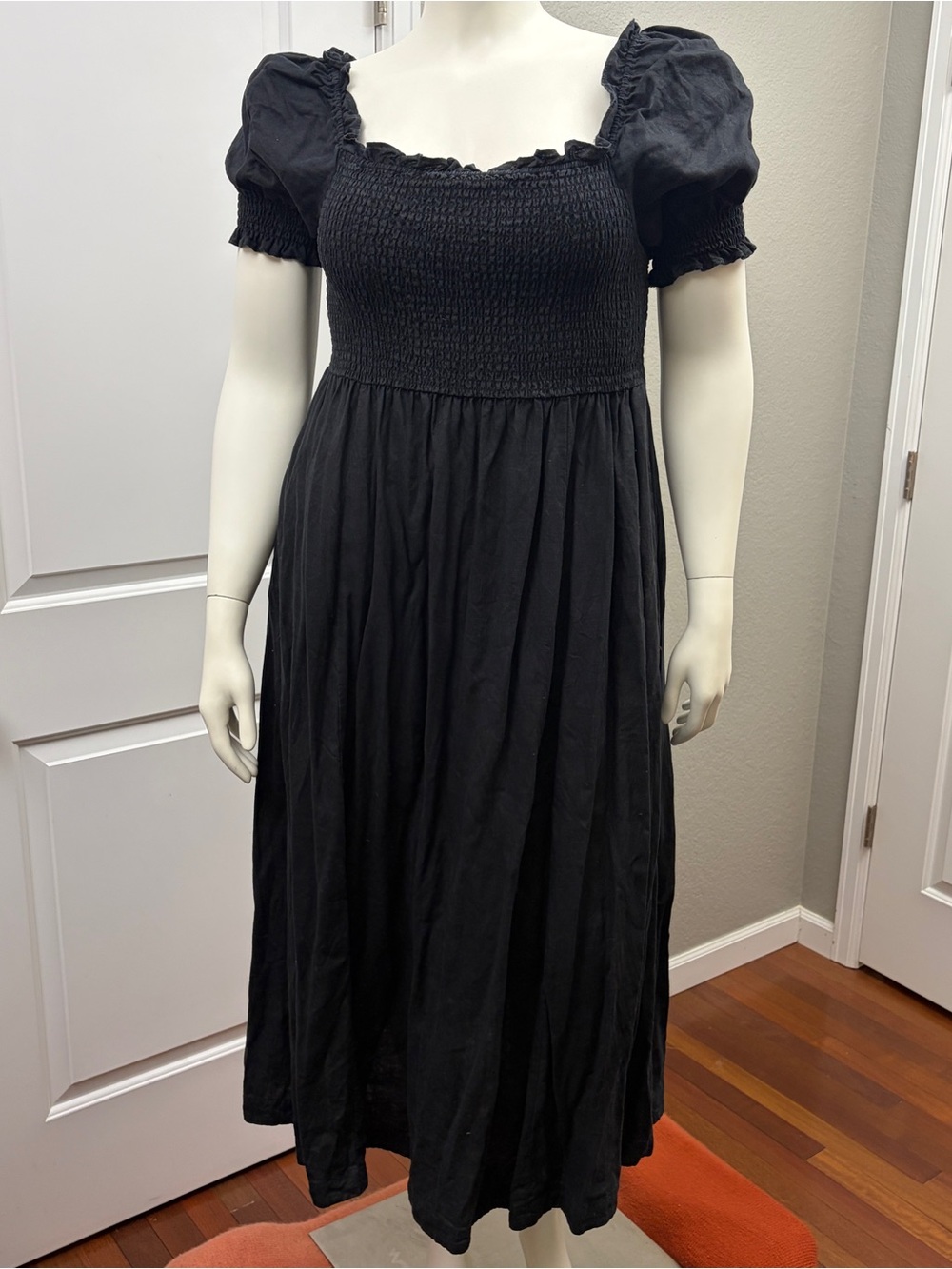 Boden Black Smocked Puff-Sleeve Linen Midi Dress - Size 16